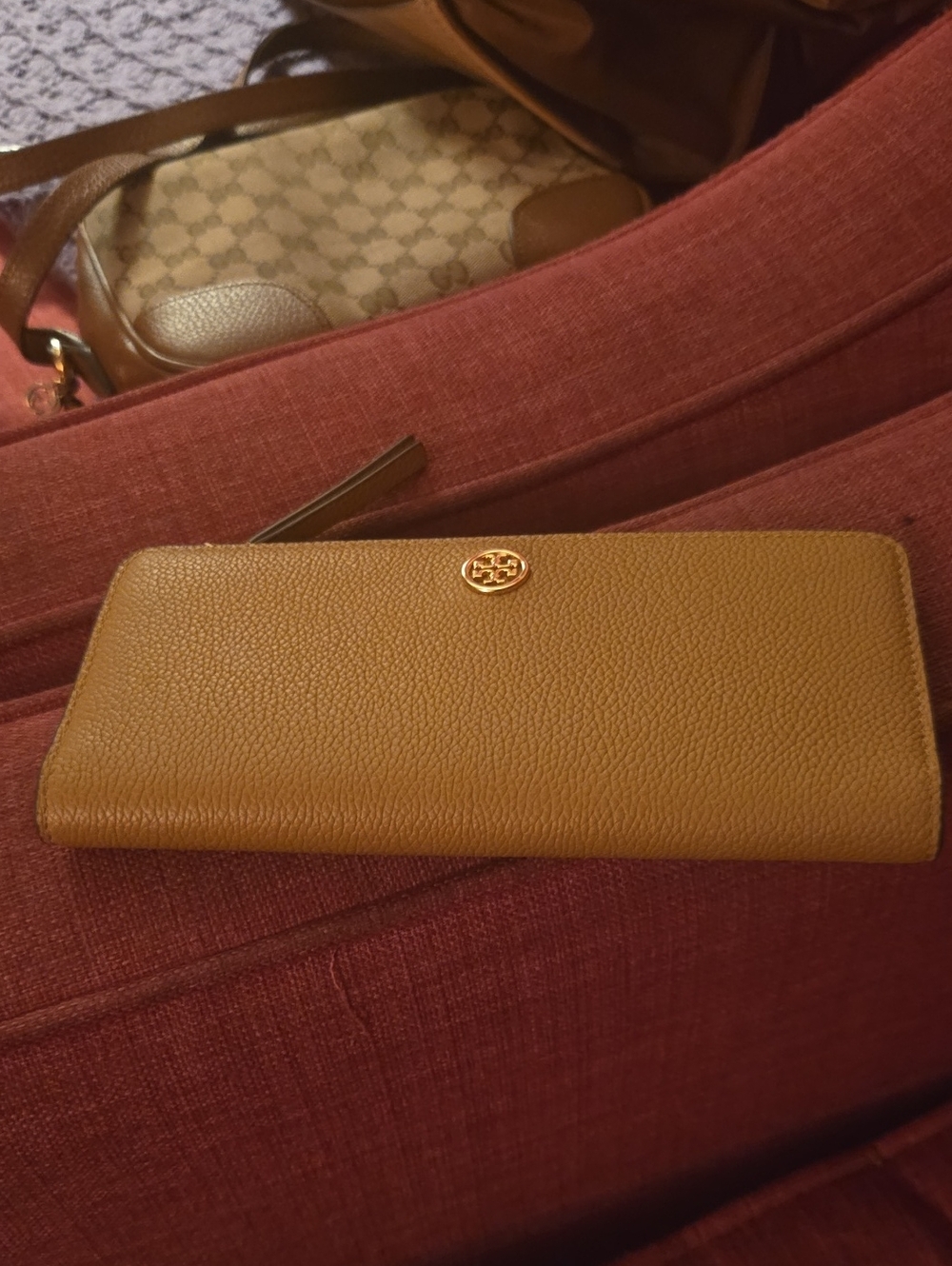 Tory Burch Mustard Pebbled Leather Zip Wallet with Gold Logo